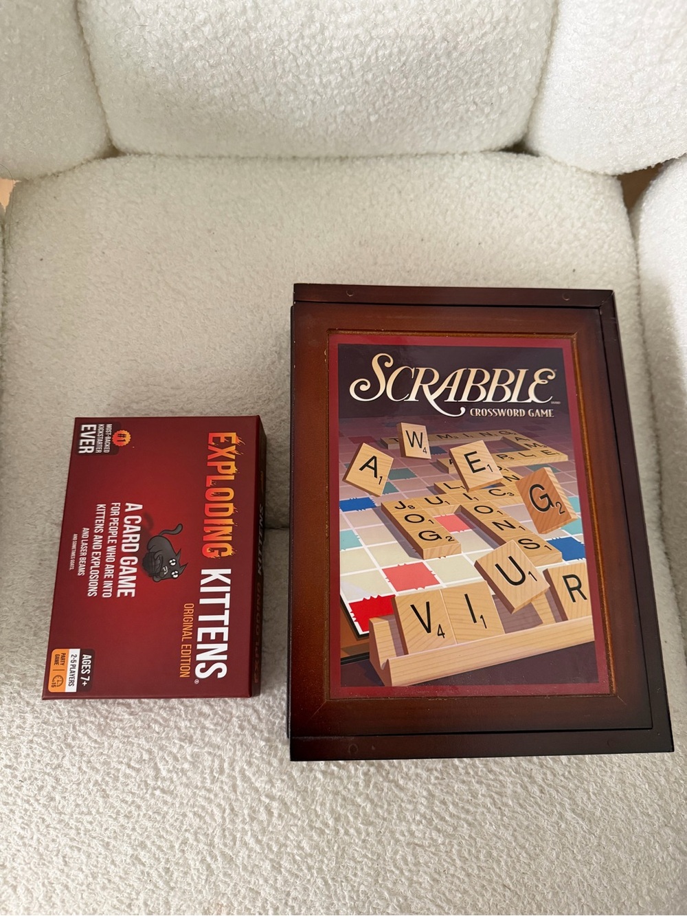 Scrabble and exploading kittens card game lot
